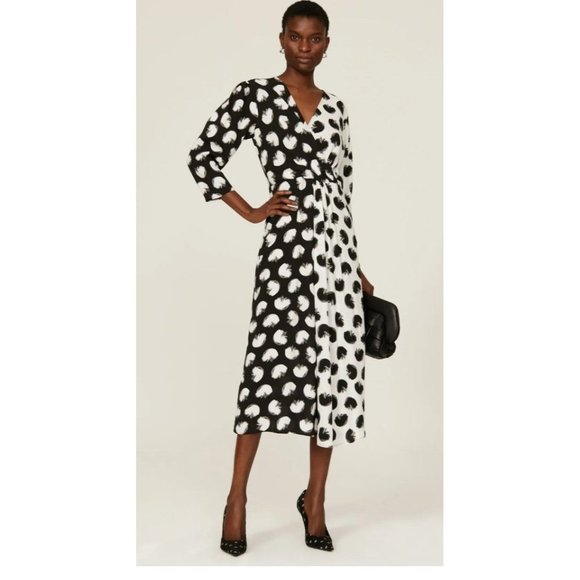 Colorblock sz 10 boss Danotta palm wrap black and white polka-dot dress v-neck - Picture 1 of 7